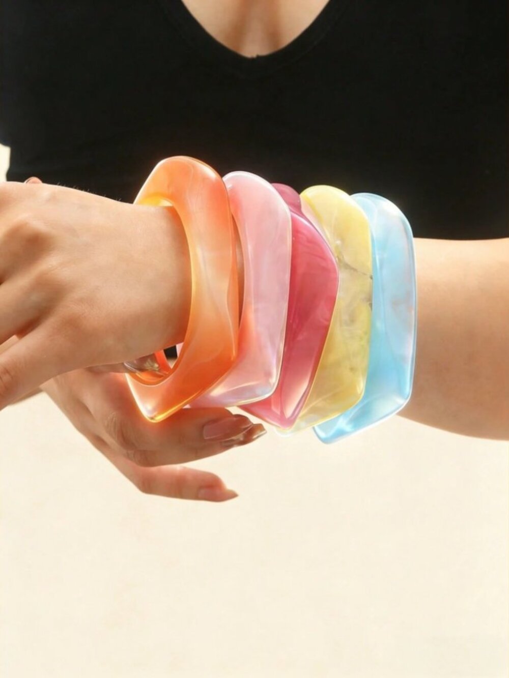 5pc Pink & Blue & Orange Pastel Marbled Resin Bangle Bracelet Set